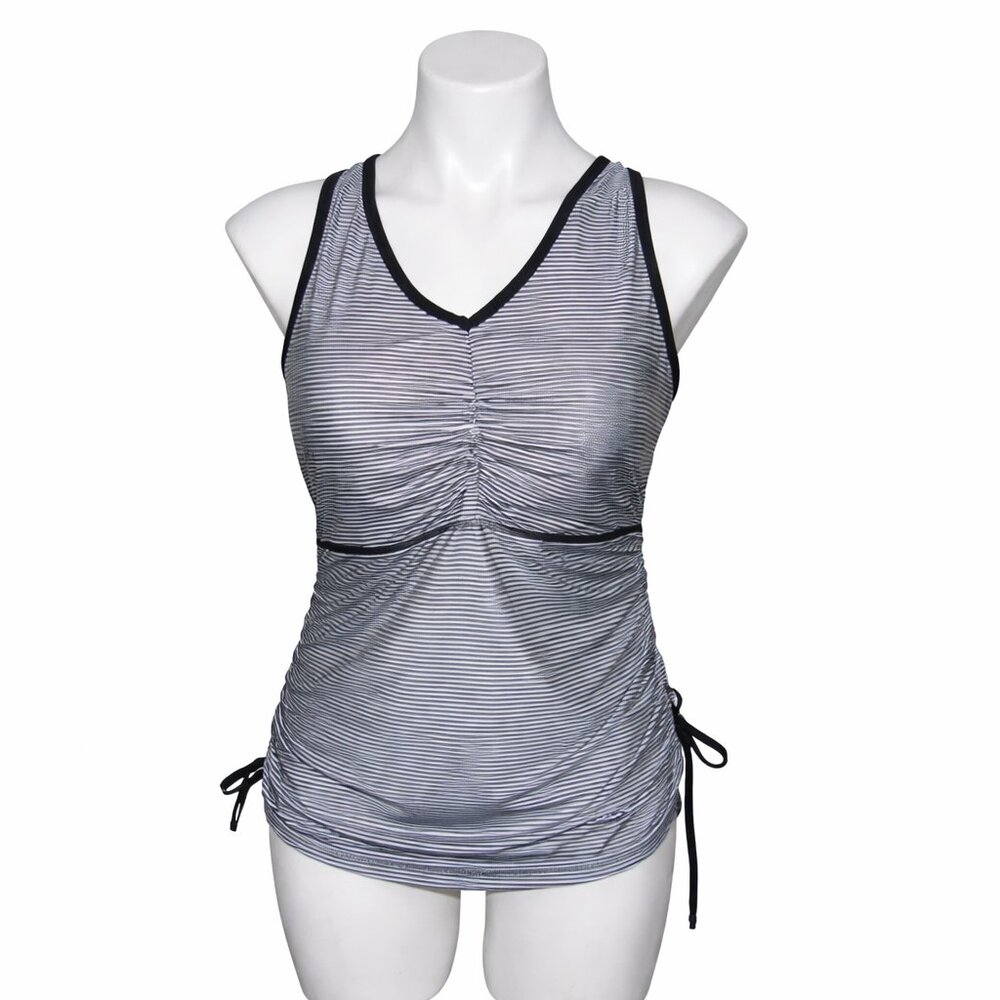 UV-Skinz Black/White Striped Tankini Top – Size L – Cinch Sides, Crisscross Back